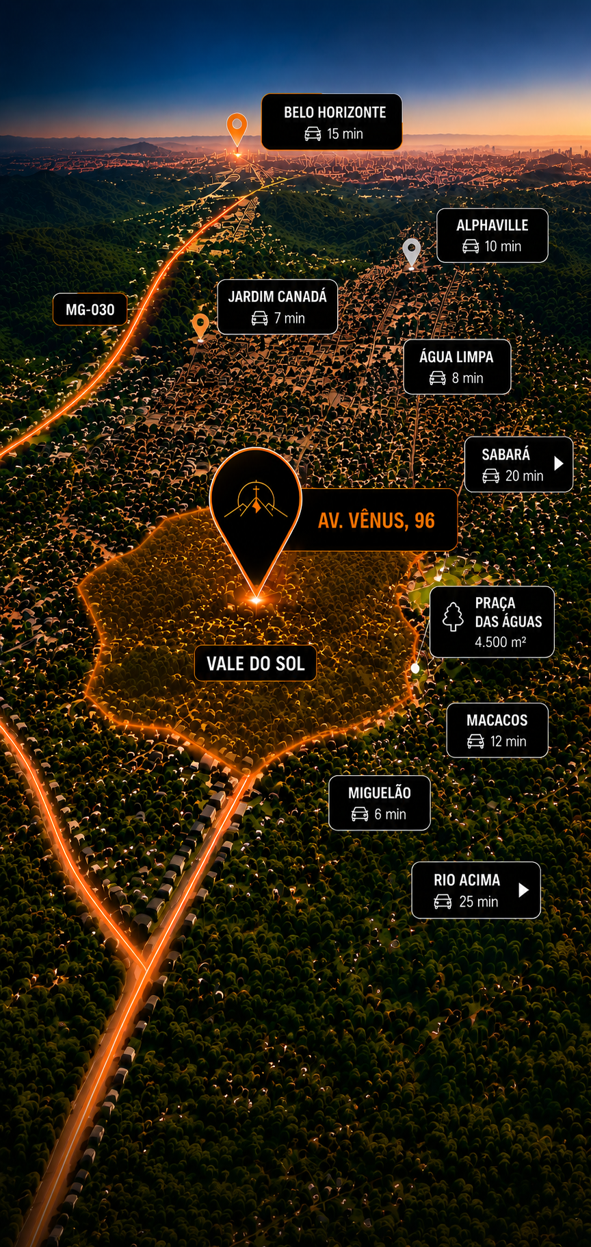 Mapa aéreo da região com a localização da Igreja Evangélica Monte Santo, na Av. Vênus, 96, Vale do Sol, Nova Lima, e as regiões vizinhas