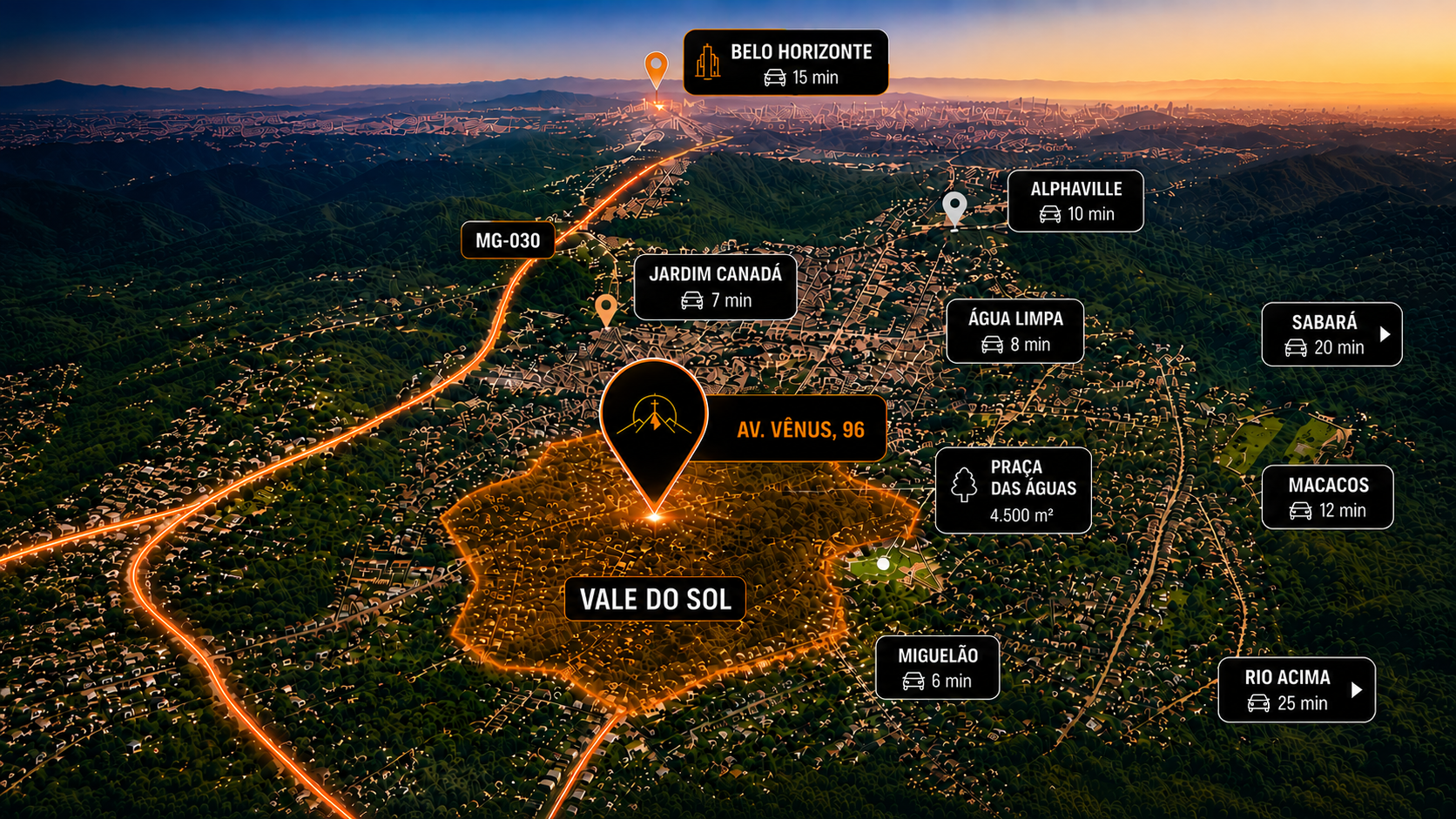 Mapa aéreo da região com a localização da Igreja Evangélica Monte Santo, na Av. Vênus, 96, Vale do Sol, Nova Lima, e as regiões vizinhas