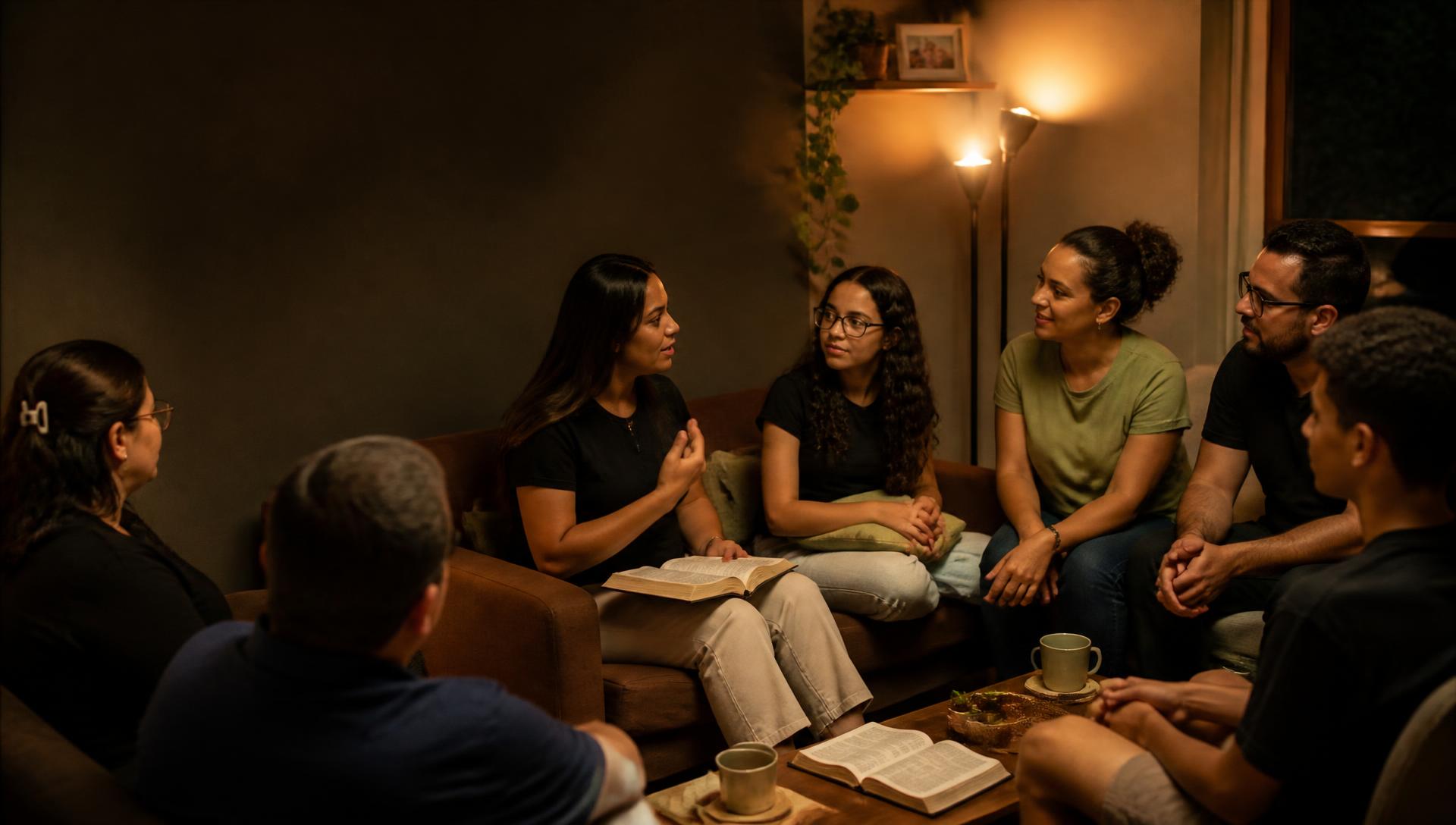 Pequeno grupo reunido em uma casa durante a semana, com Bíblia aberta, café e conversa entre amigos