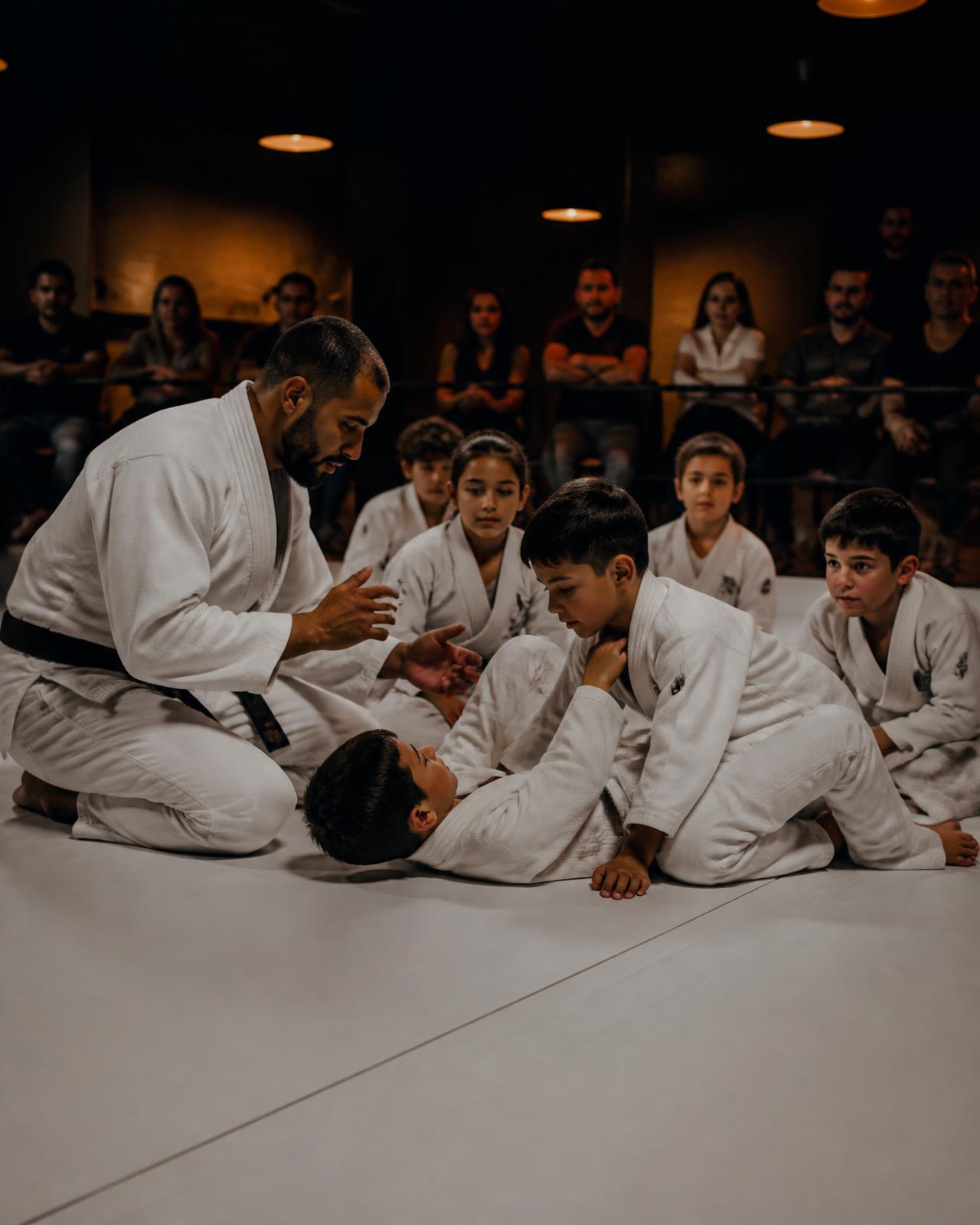 Crianças treinando jiu-jitsu com instrutor em ambiente organizado