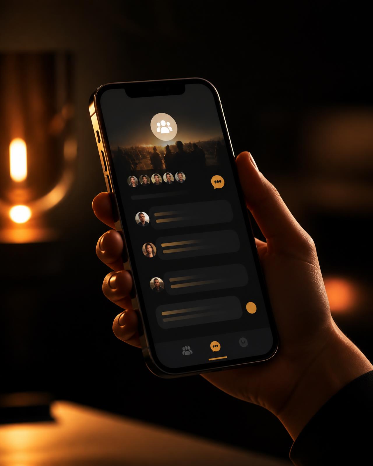 Smartphone exibindo a comunidade da igreja em uma conversa