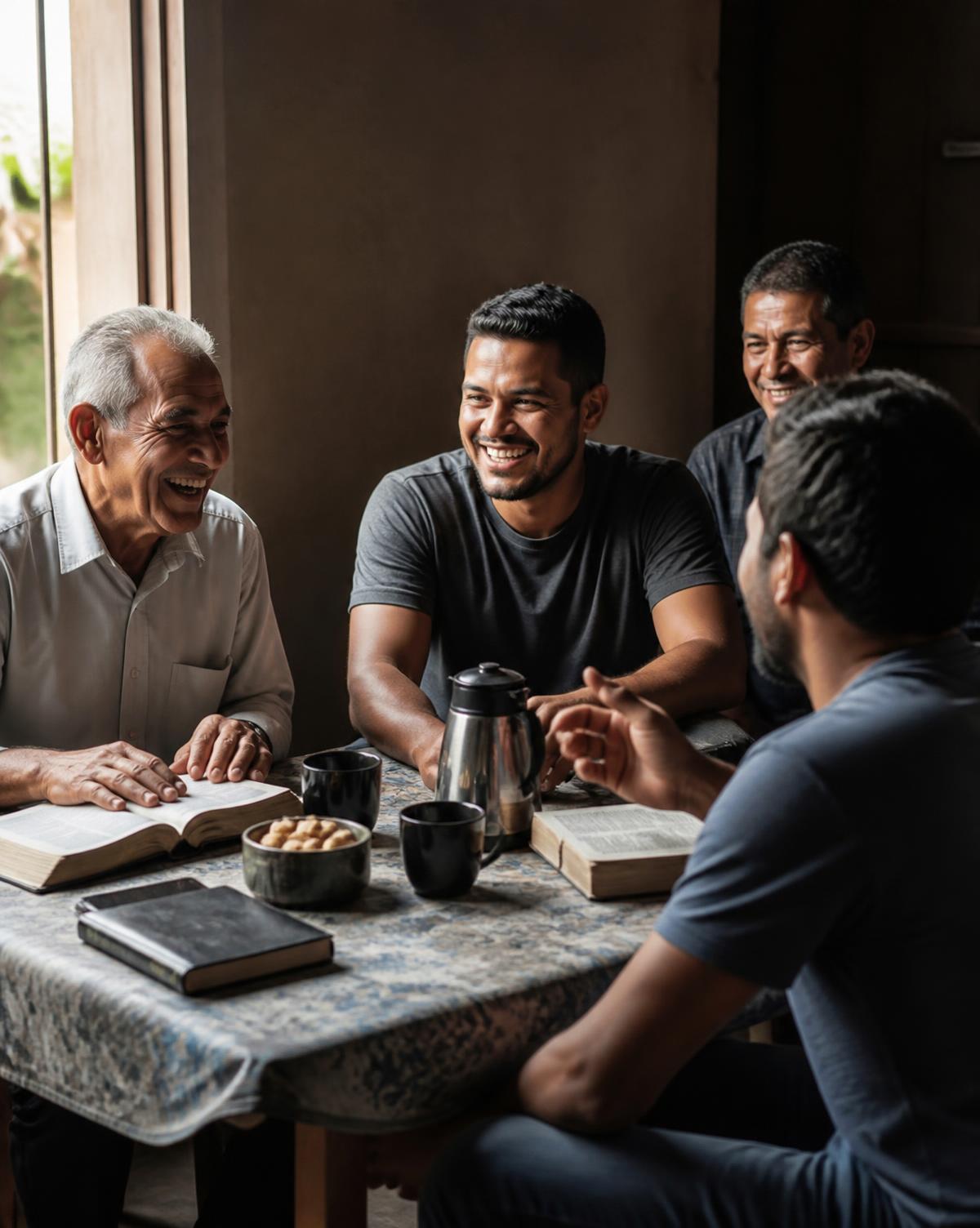 Homens conversando ao redor de uma mesa com Bíblias abertas