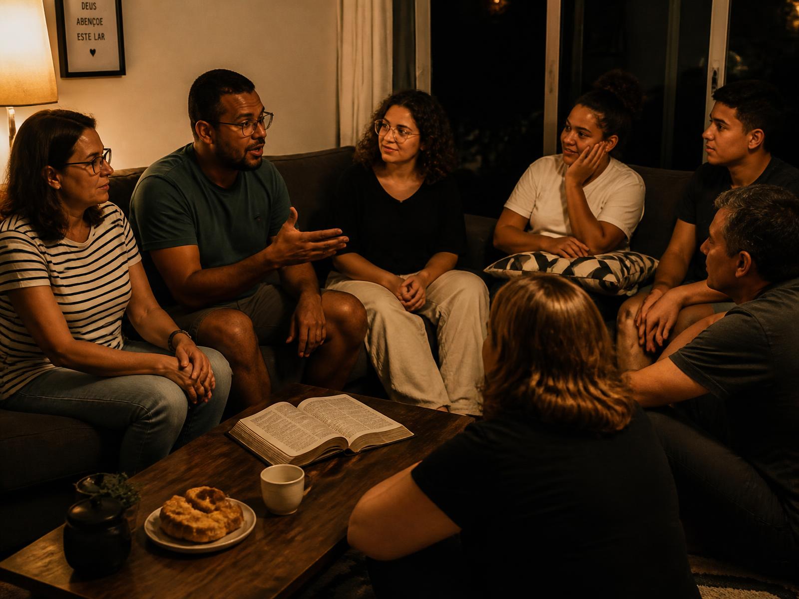 Grupo reunido em uma casa conversando e orando juntos