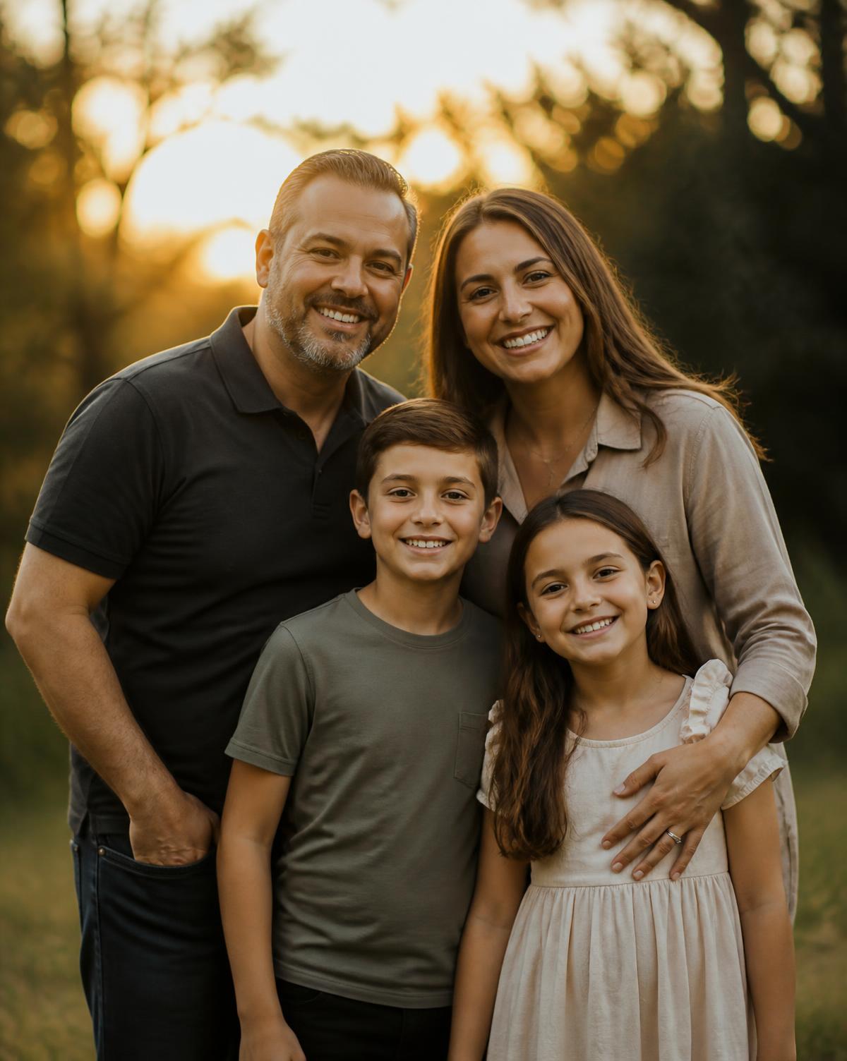 Família reunida e sorrindo ao ar livre na luz do fim da tarde