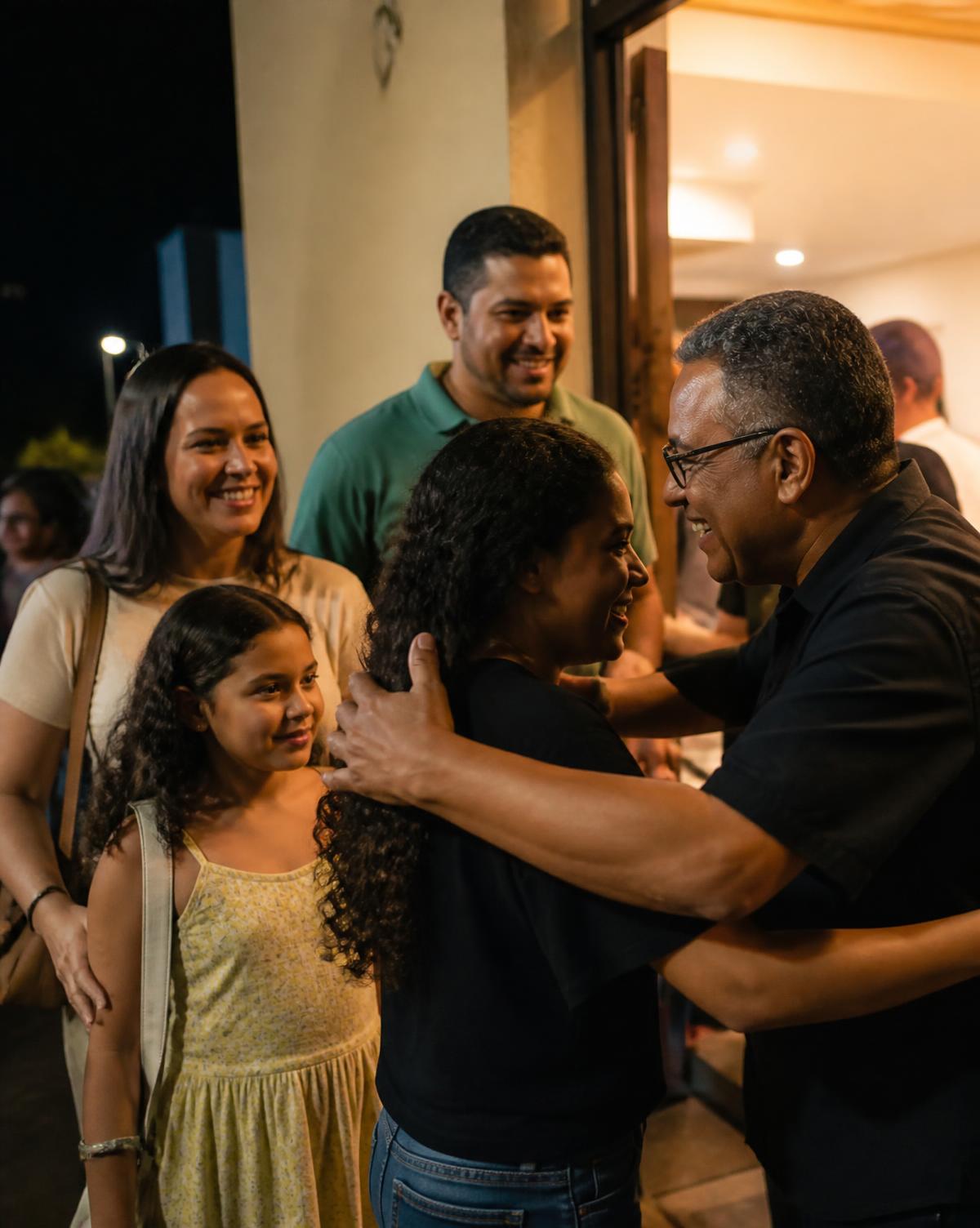 Família sendo recebida com abraço na entrada da Igreja Evangélica Monte Santo